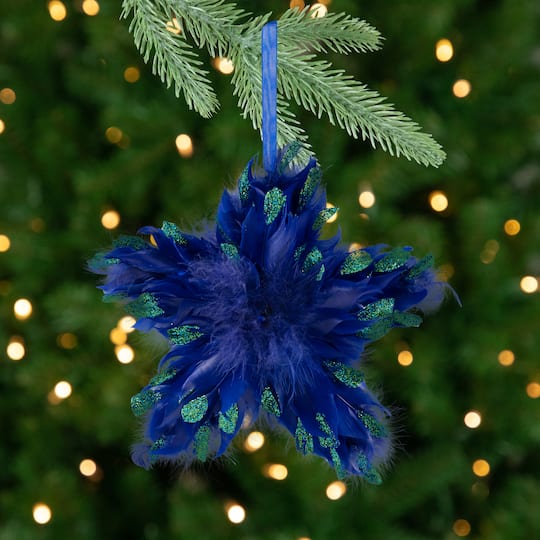 Plush Glittery Peacock Feather Star Shaped Christmas Ornament - 9" - Blue By Northlight | Michaels®